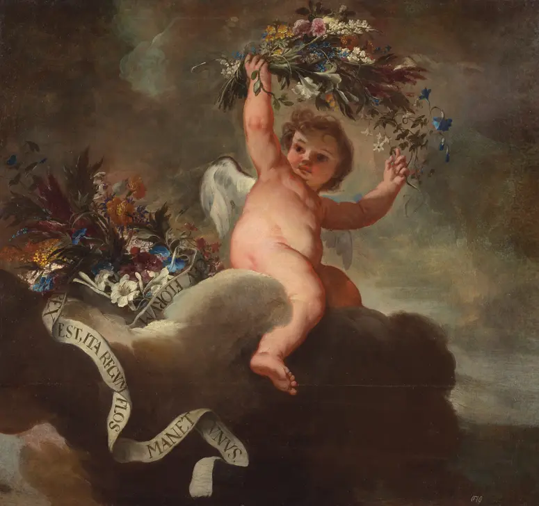 Putto mit Blumen und Spruchband