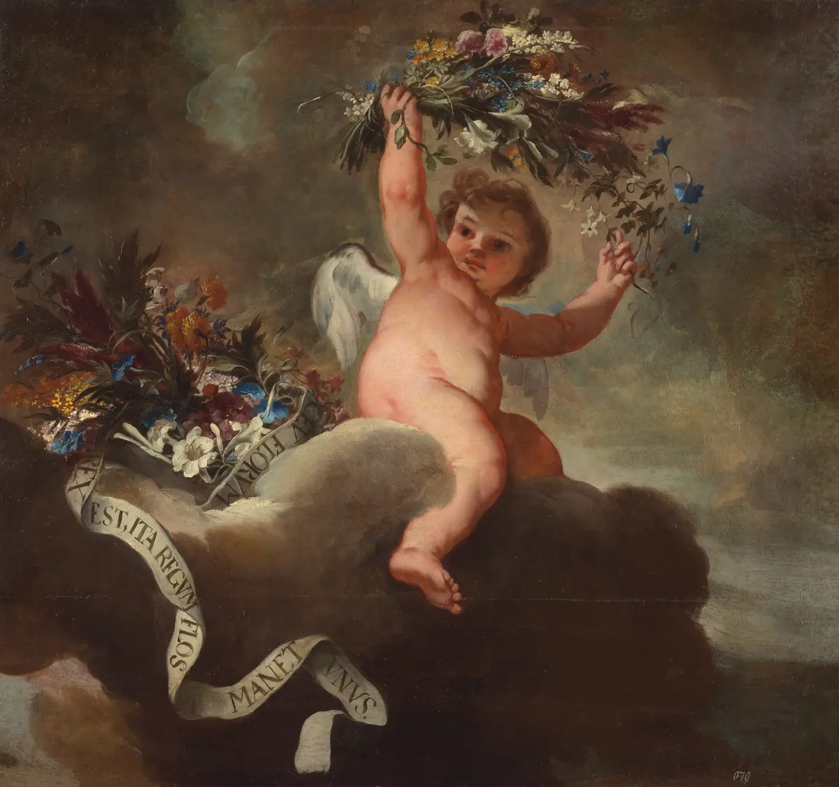 Putto mit Blumen und Spruchband