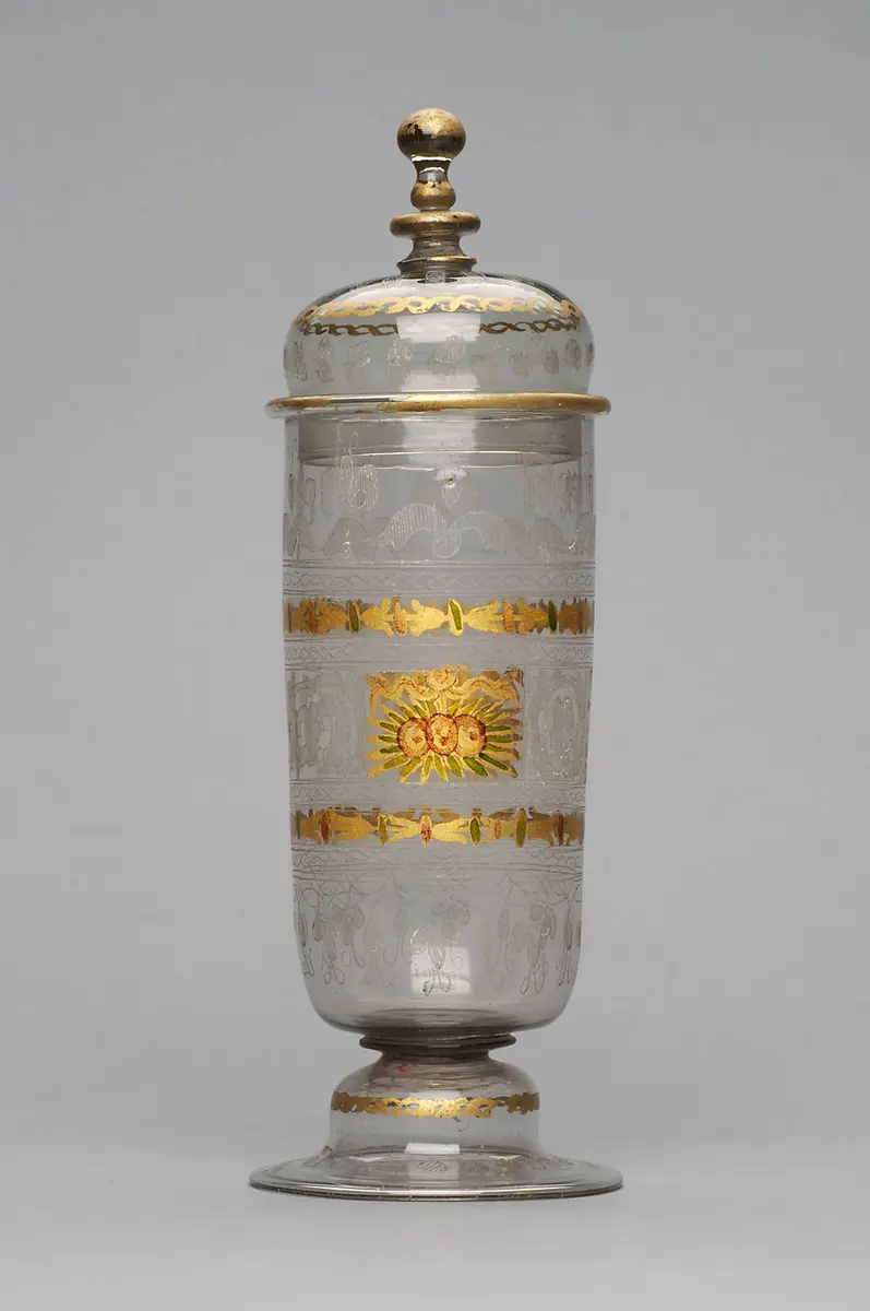 Gefäß; Pokal, Glas, Deckelpokal aus Glas