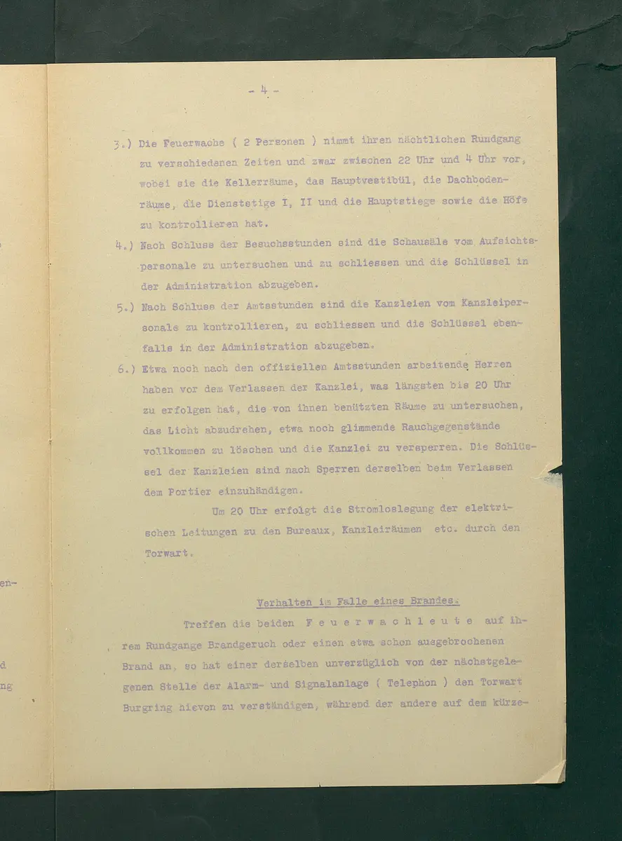 Feuerlöschordnung für das Kunsthistorische Museum, 1927