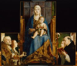 Maria mit Kind und den hll. Nikolaus von Bari, Anastasia (?), Ursula, Dominikus und (vom Rahmen überschnitten) Helena