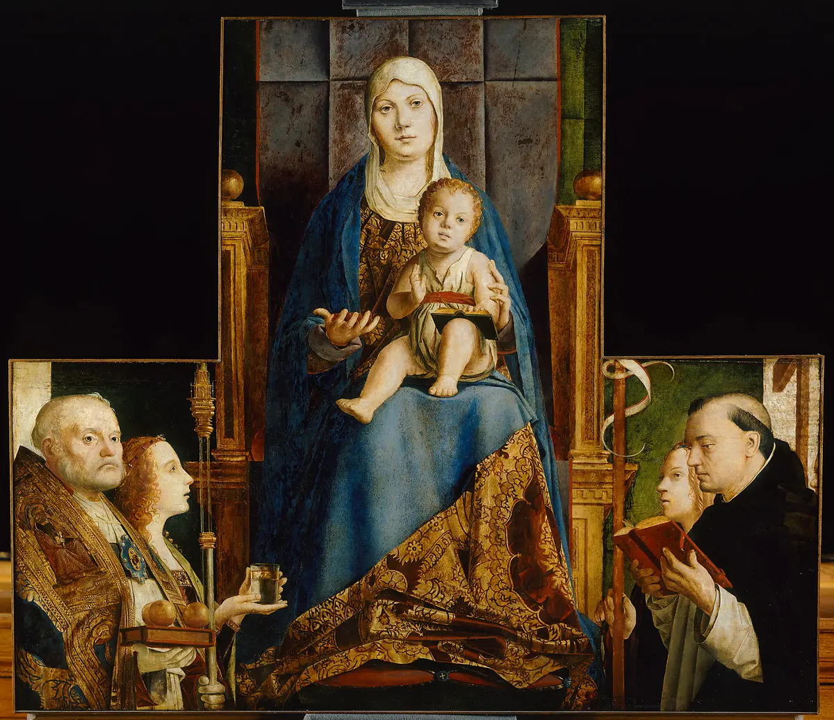 Maria mit Kind und den hll. Nikolaus von Bari, Anastasia (?), Ursula, Dominikus und (vom Rahmen überschnitten) Helena