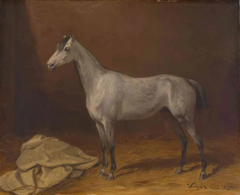 Bildnis eines englischen Schwarzschimmels (Polka) der Kaiserin Elisabeth; Öl auf Leinwand, signiert und datiert