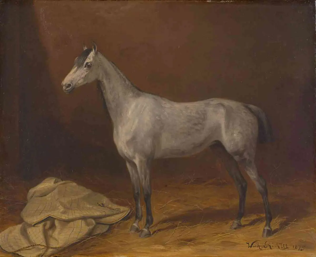 Bildnis eines englischen Schwarzschimmels (Polka) der Kaiserin Elisabeth; Öl auf Leinwand, signiert und datiert