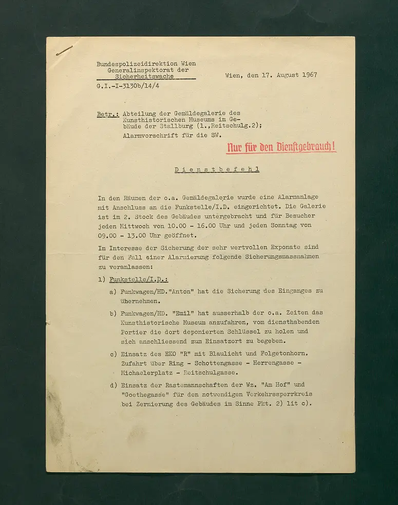 Alarmvorschrift für die Sicherheitswache betreffend Neue Galerie in der Stallburg