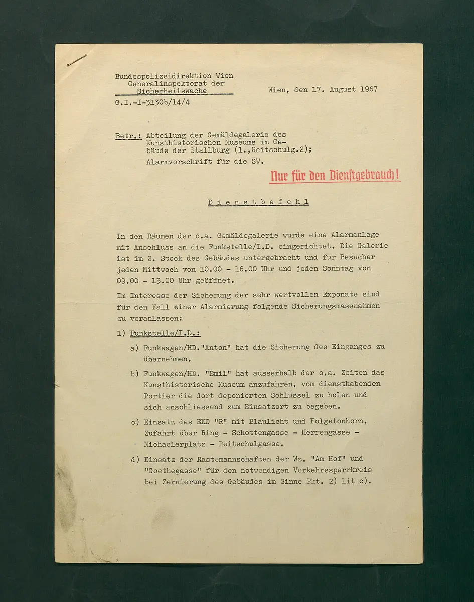 Alarmvorschrift für die Sicherheitswache betreffend Neue Galerie in der Stallburg