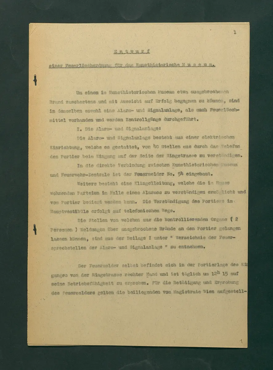 Entwurf einer Feuerlöschordnung für das Kunsthistorische Museum, 1926