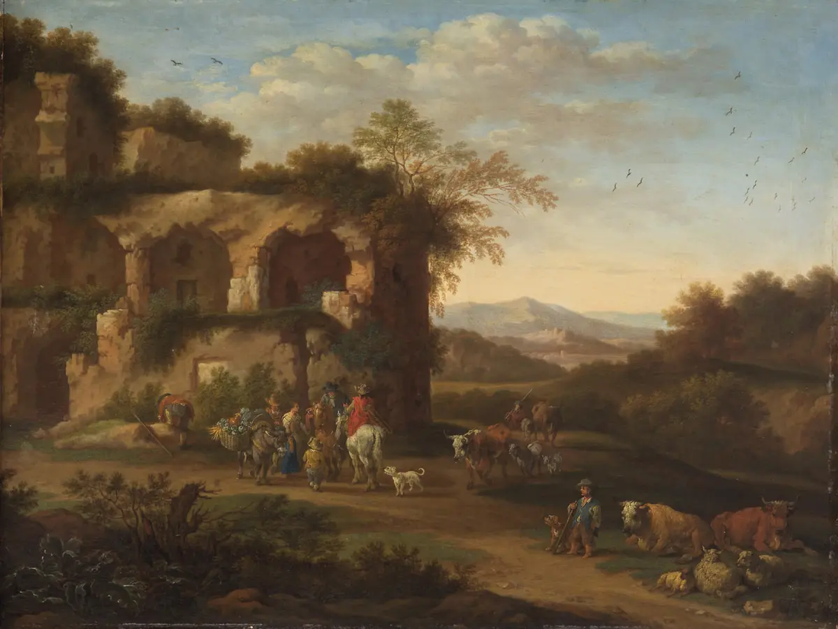 Italienische Landschaft mit antiken Ruinen und Hirten