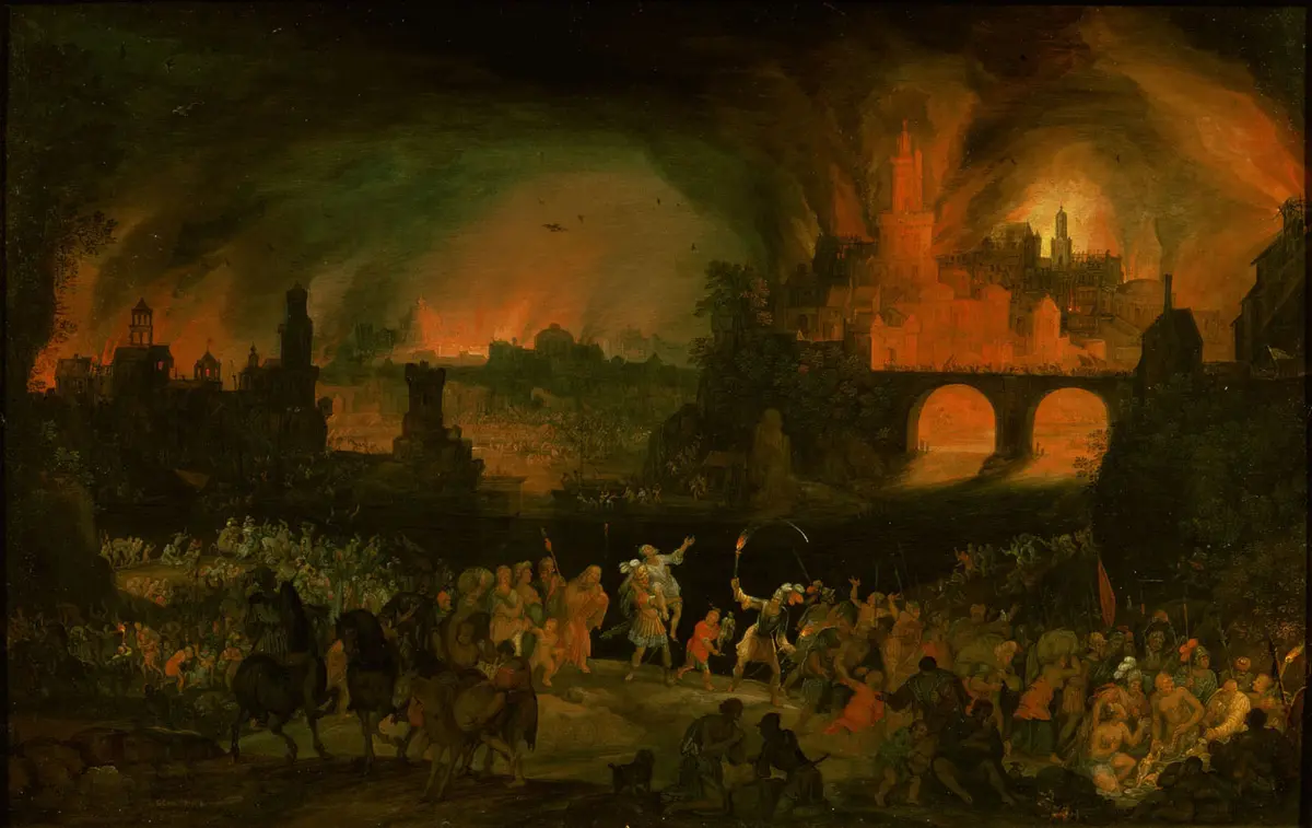 Aeneas trägt seinen Vater Anchises aus dem brennendem Troja
