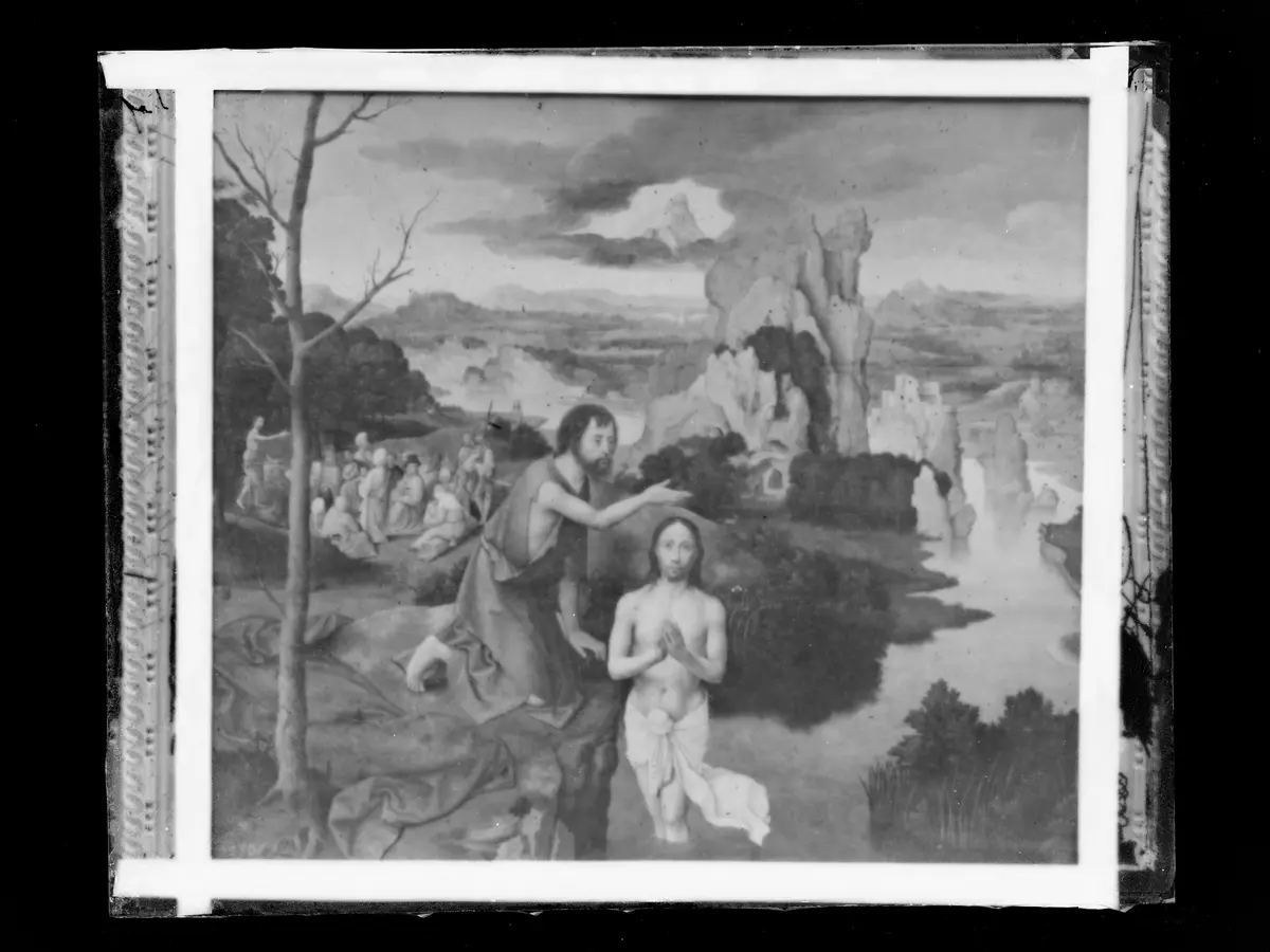 Taufe Christi (Links im Mittelgrund: Predigt Johannes d. Täufers)