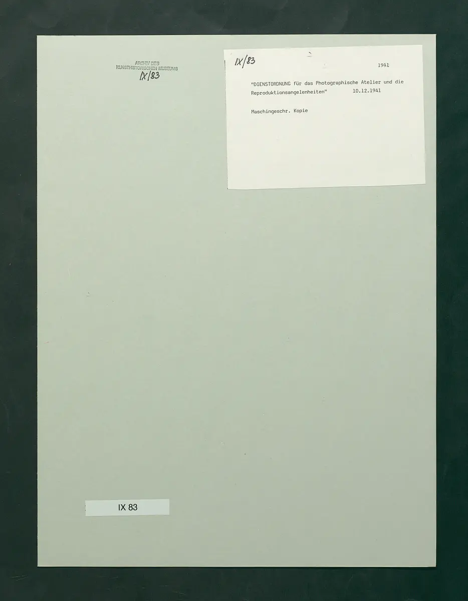 Dienstordnung für das photographische Atelier und Reproduktionsangelegenheiten