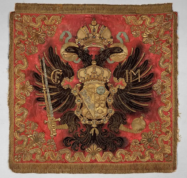 Drum flag of red silk brocade