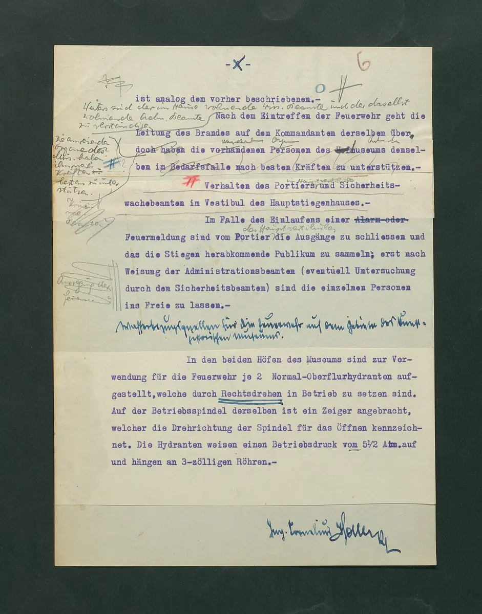 Entwurf einer Feuerlöschordnung für das Kunsthistorische Museum, 1926