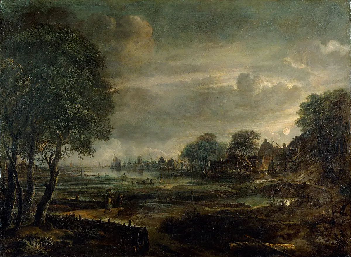 Landschaft mit Dorf bei Mondschein