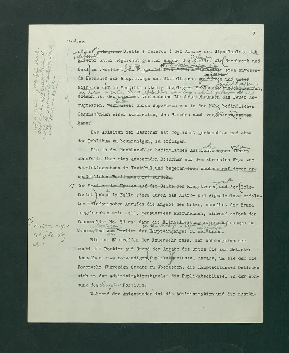 Entwurf einer Feuerlöschordnung für das Kunsthistorische Museum, 1926