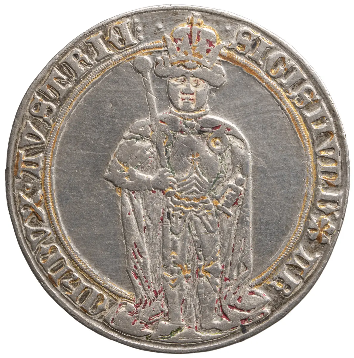 Ehg. Sigismund, Guldiner, frontal im Harnisch stehend, Turnierreiter, Farbreste