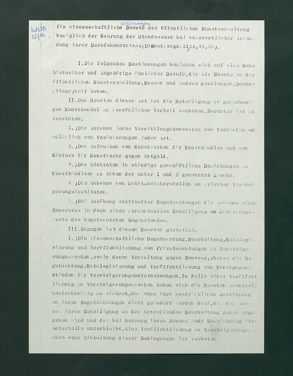 Weisungen für wissenschaftliche Beamte der öffentlichen Kunstverwaltung betreffend Wahrung der Standesehre bei außerordentlicher Anwendung ihrer Berufskenntnisse