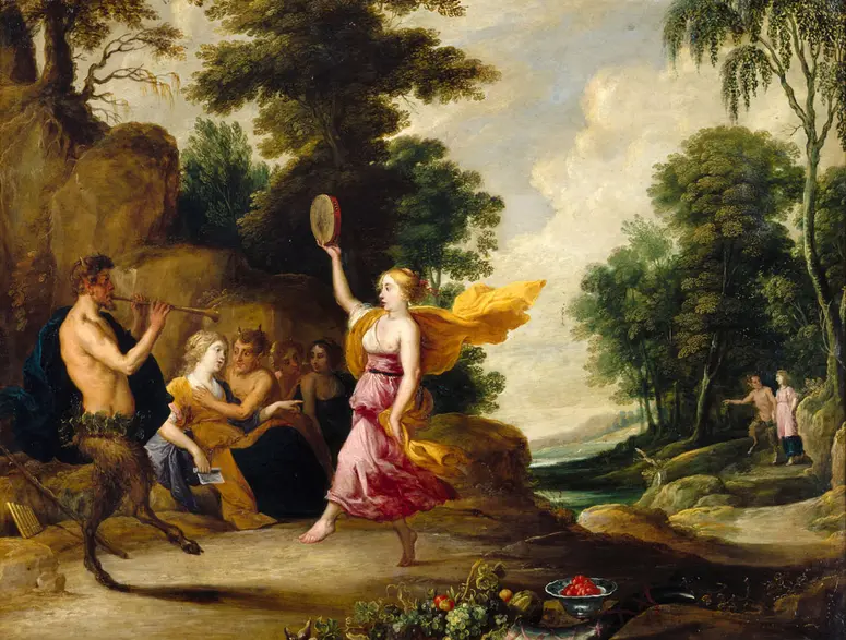 Pan spielt Flöte vor Nymphen und Satyrn