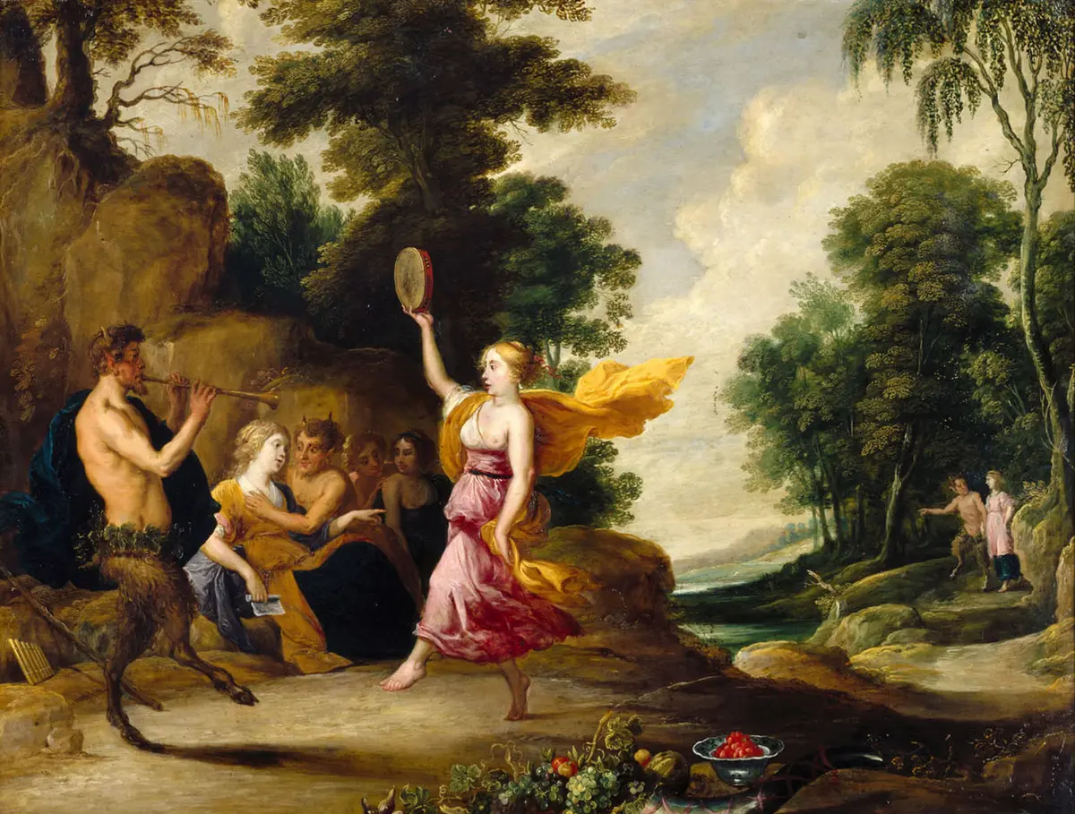 Pan spielt Flöte vor Nymphen und Satyrn