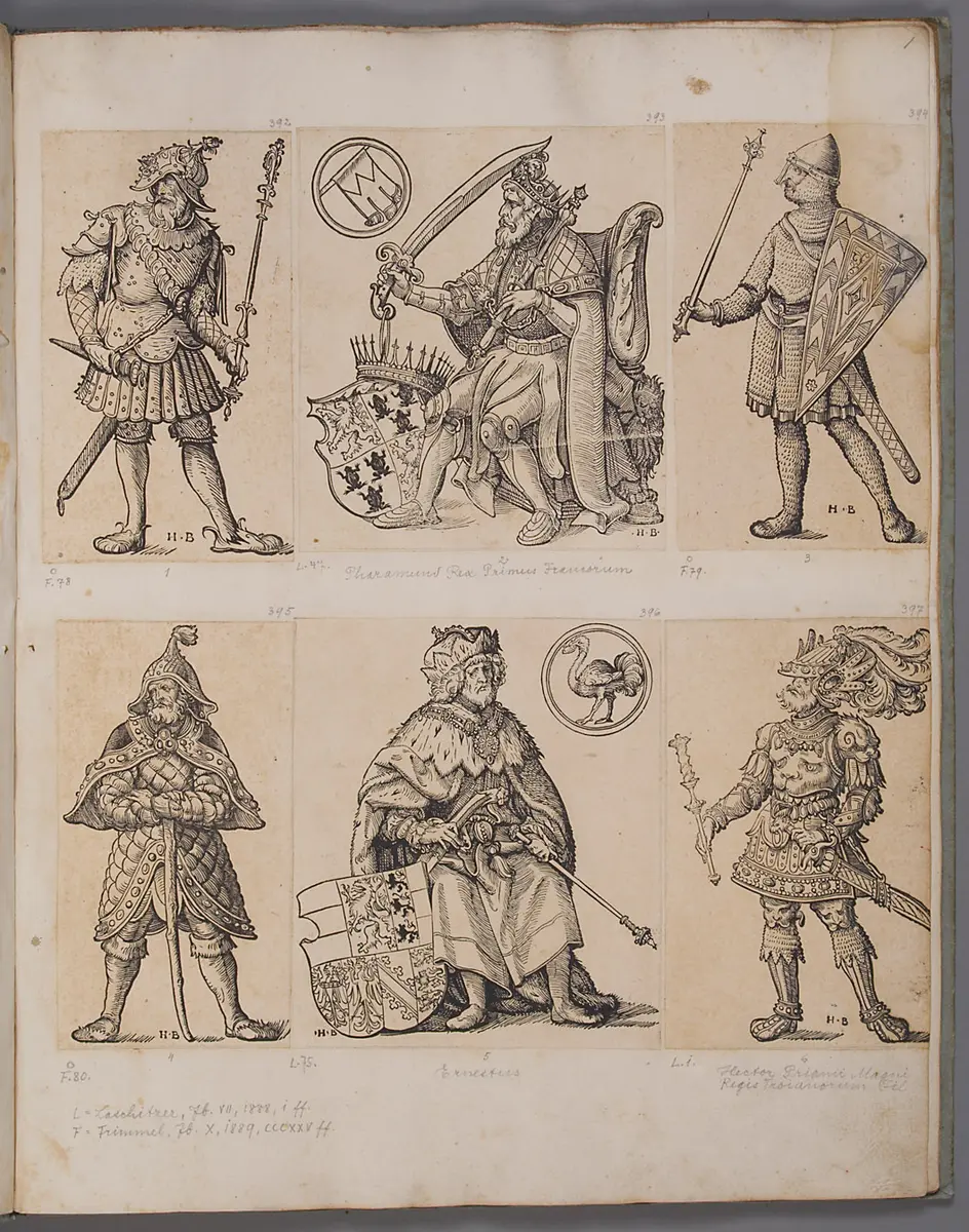 Vier sagenhafte Herrscherfiguren in Prunkrüstungen