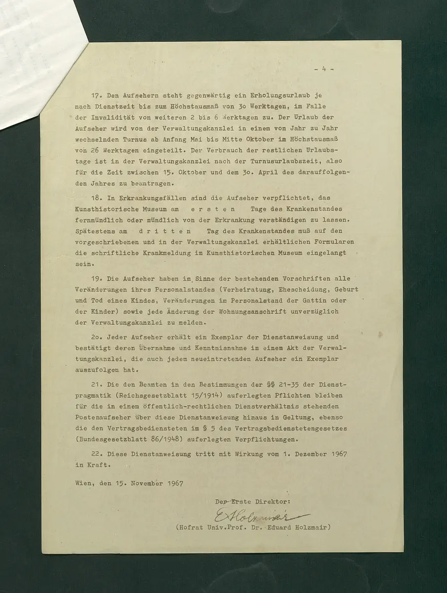 Dienstanweisungen für Postenaufseher, Portiere, die Telephonzentrale, Oberaufseher, Nachtportiere und Nachtaufseher, für den Wochendienst der Beamten und der Verwaltungskanzlei