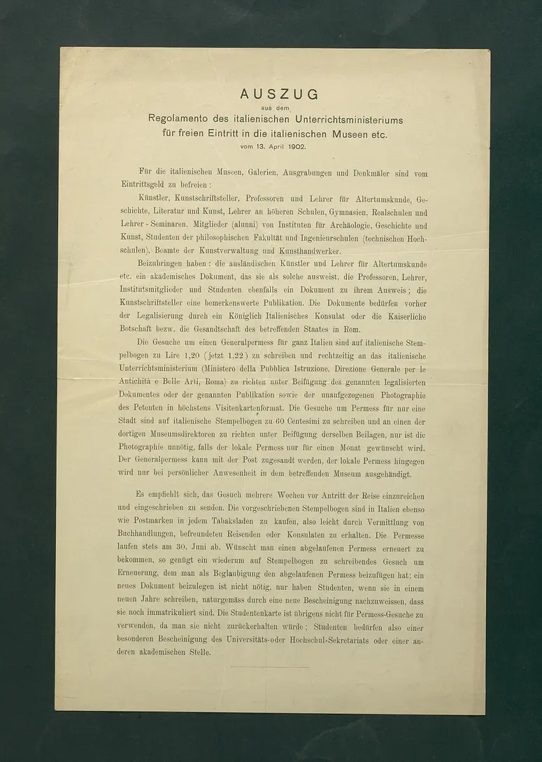 Auszug aus dem Regalomento des italienischen Unterrichtsministeriums für freien Eintritt in die italienischen Museen etc. vom 13. April 1902