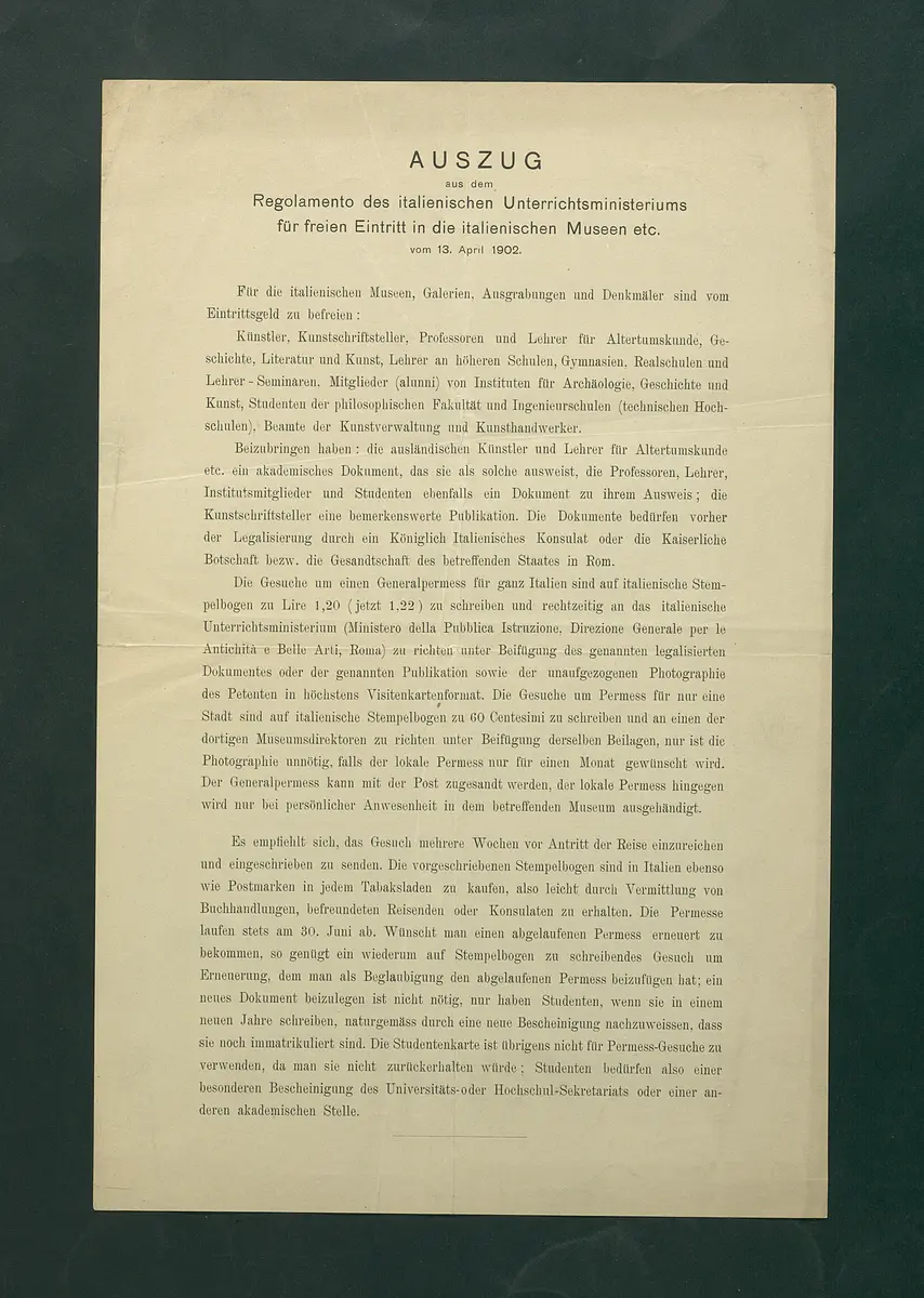 Auszug aus dem Regalomento des italienischen Unterrichtsministeriums für freien Eintritt in die italienischen Museen etc. vom 13. April 1902