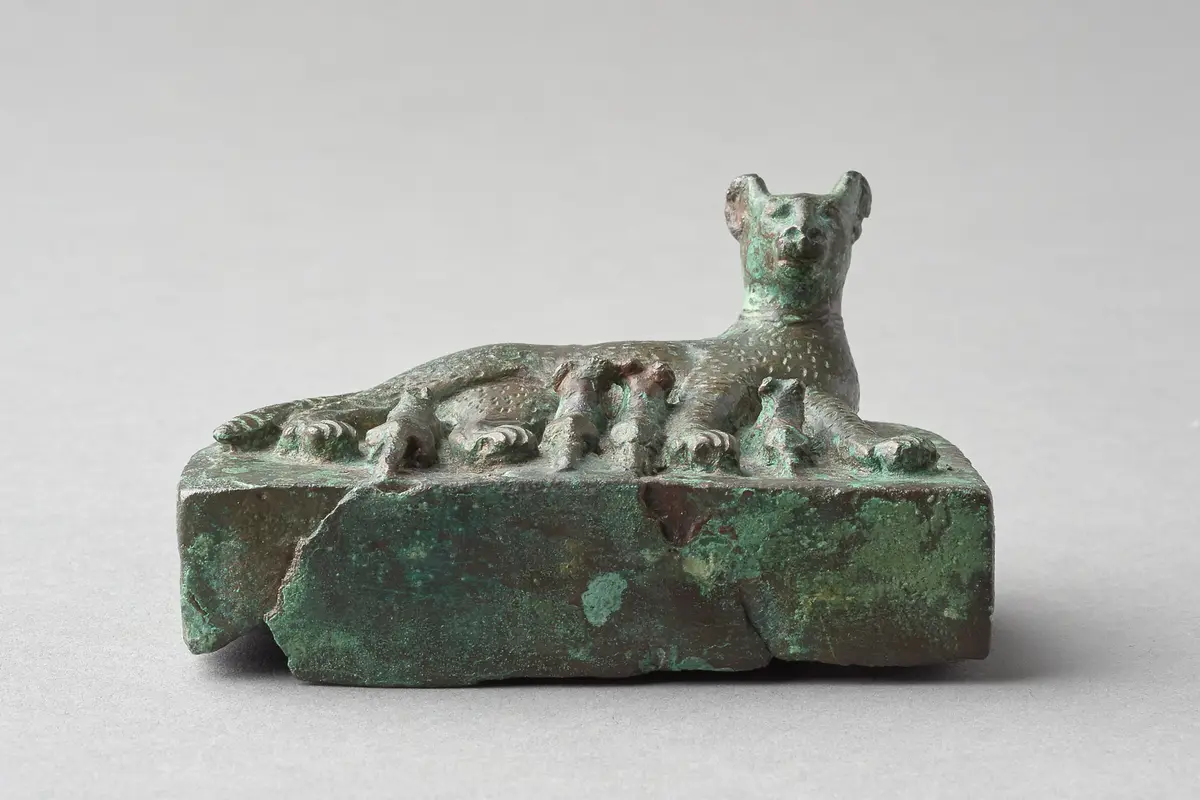 Liegende Katze mit vier Jungen