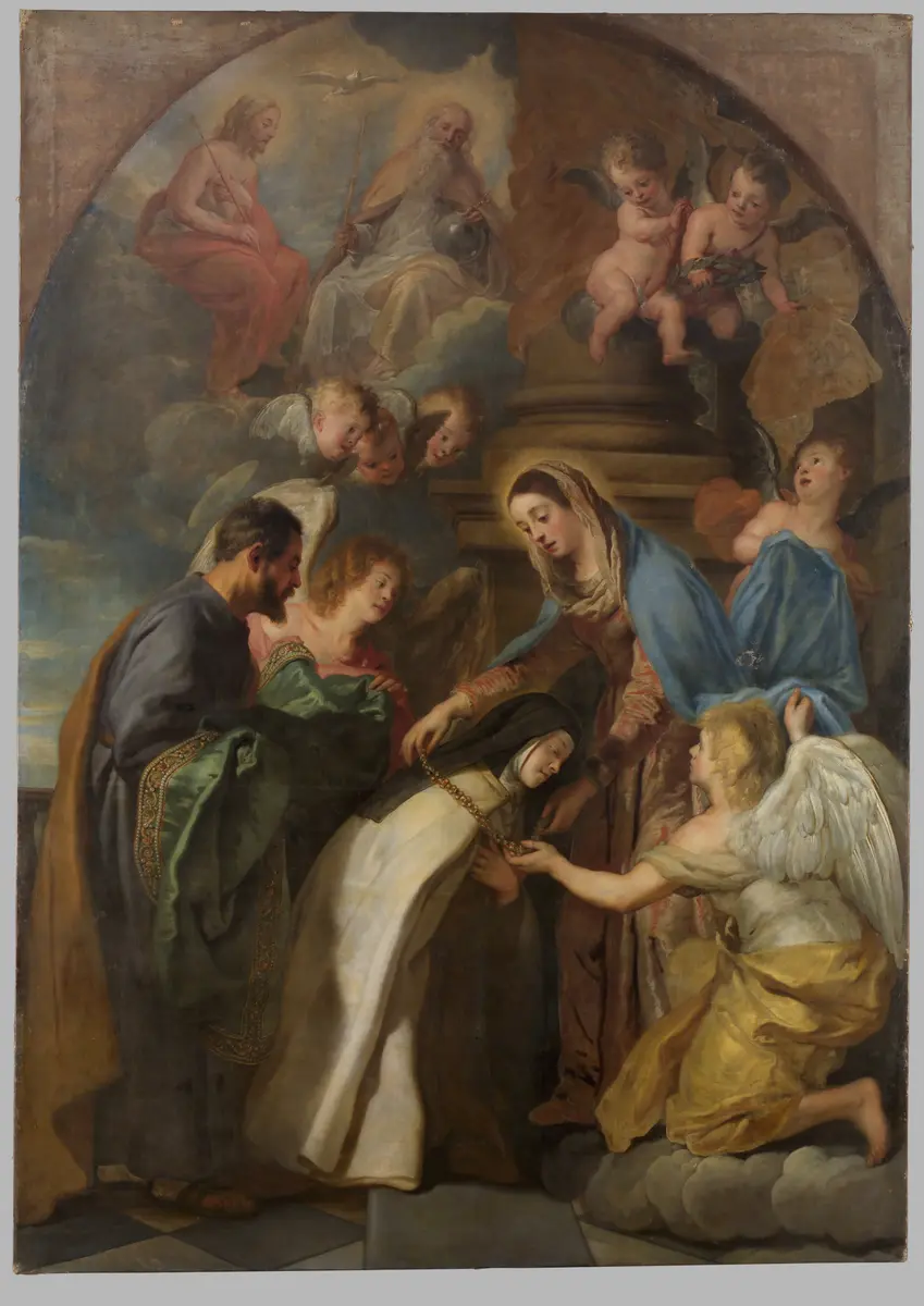 Hl. Therese empfängt eine goldene Kette und einen golddurchwirkten Mantel von der Madonna