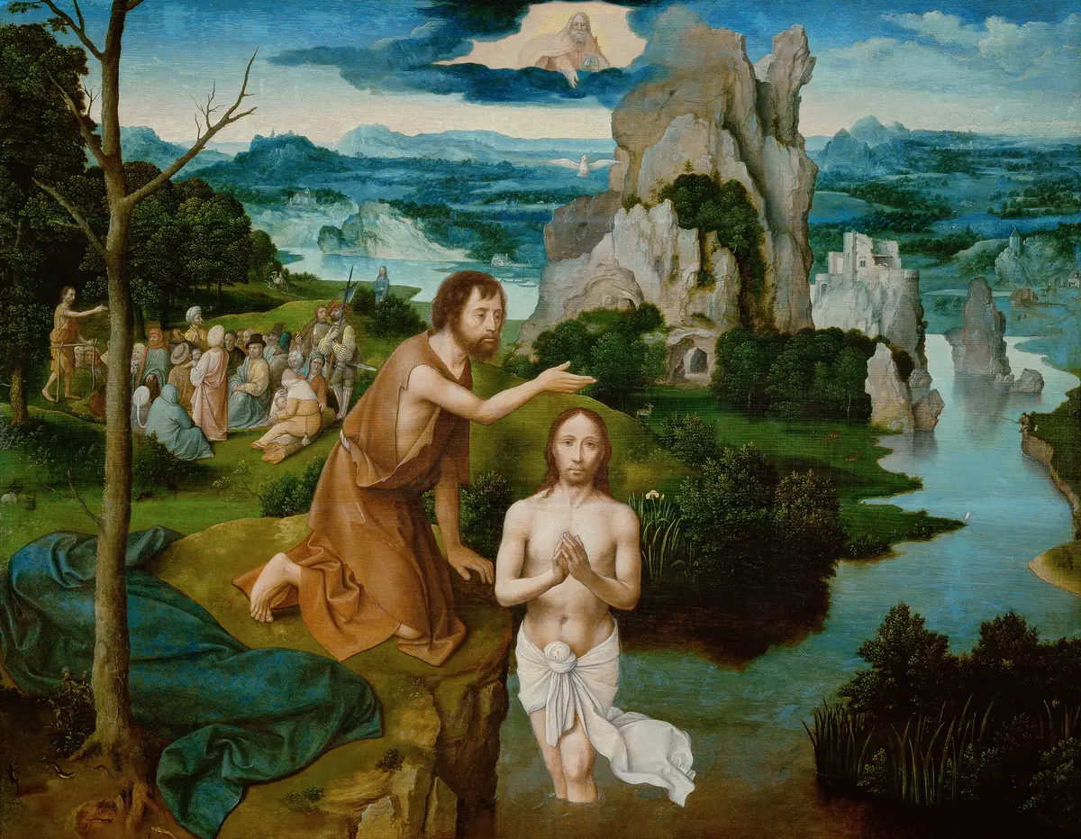 Taufe Christi (Links im Mittelgrund: Predigt Johannes d. Täufers)