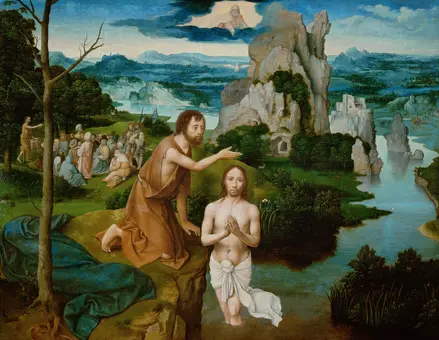 Taufe Christi (Links im Mittelgrund: Predigt Johannes d. Täufers)