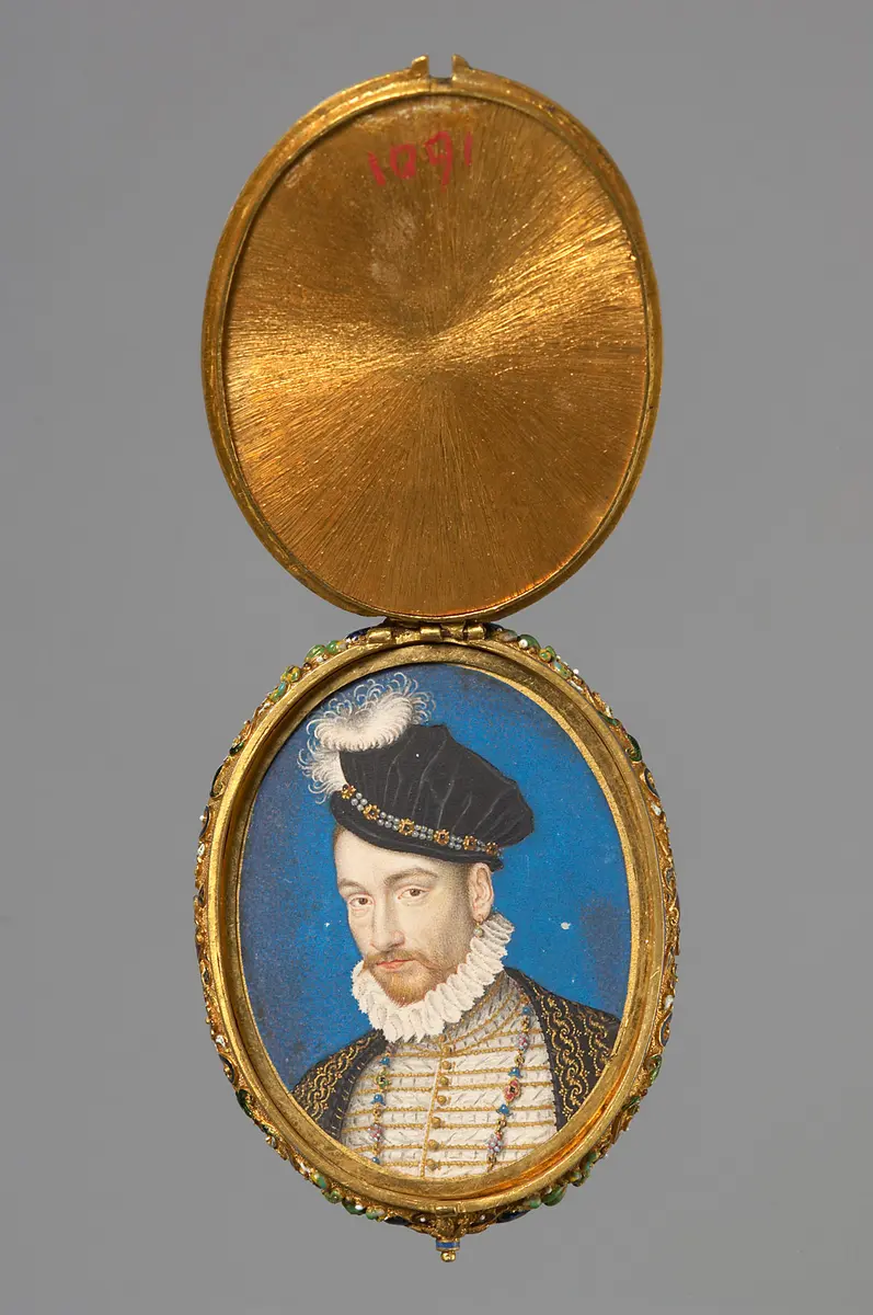 Medaillonkapsel mit den Miniaturbildnissen von Karl IX. v. Frankreich (1550-1574) und seiner Mutter Katharina de´ Medici