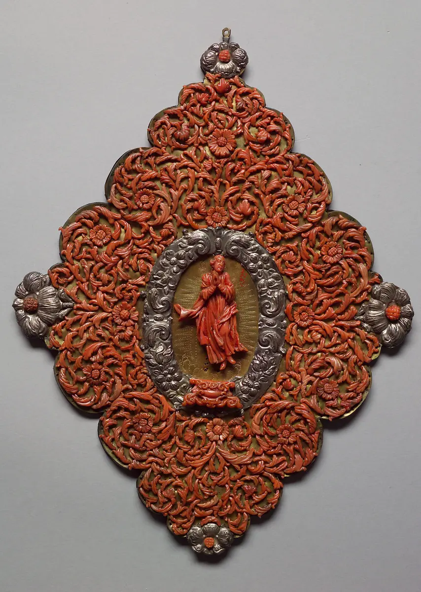 Wanddekoration, Platte, Teller, Einlegearbeit, Korallenmosaik, Maria Immaculata