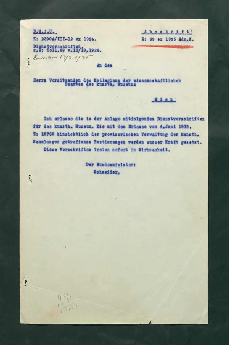 Dienstvorschriften für das Kunsthistorische Museum