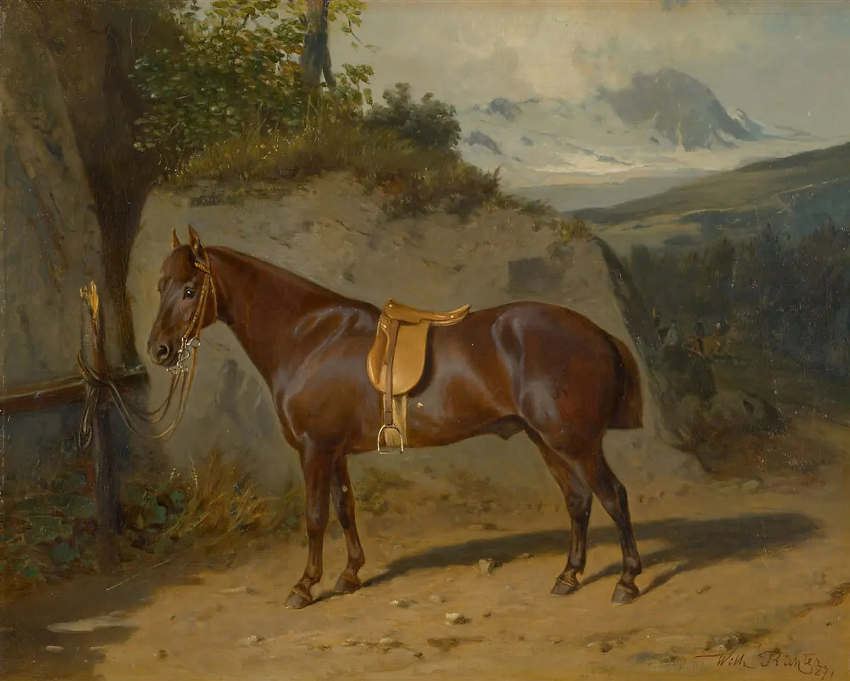 Bildnis eines braunen ungarischen Pferdes der Kaiserin Elisabeth (“1. Sobri”); Öl auf Leinwand, signiert und datiert 