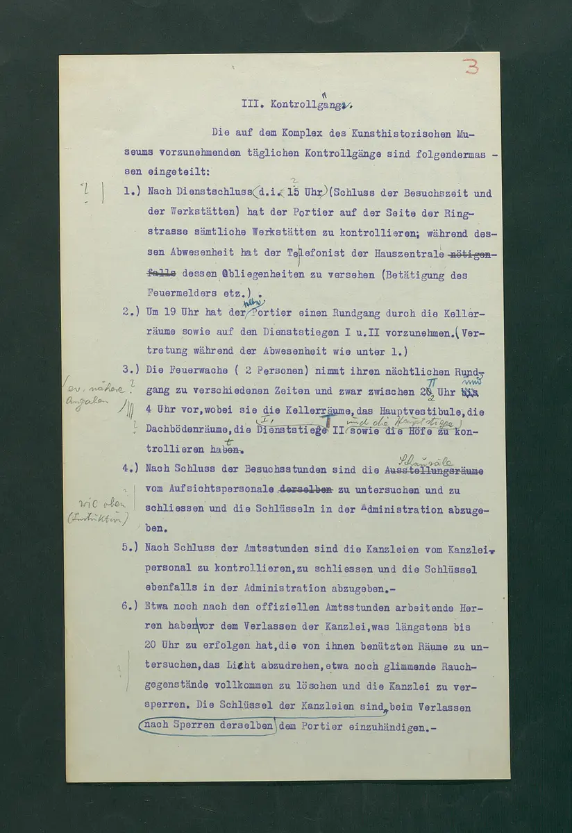 Entwurf einer Feuerlöschordnung für das Kunsthistorische Museum, 1926