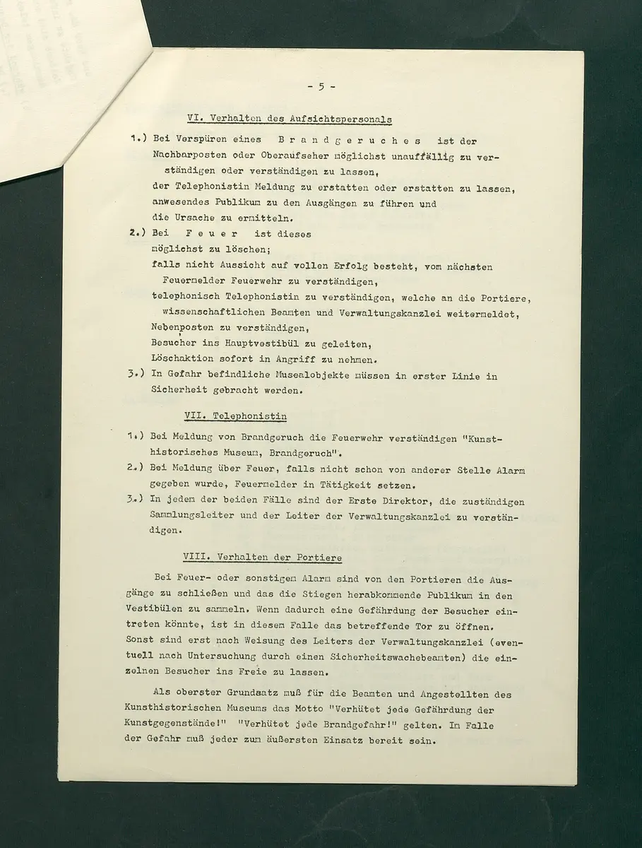Feuerlöschordnung für das Kunsthistorische Museum, Teil I: Hauptgebäude