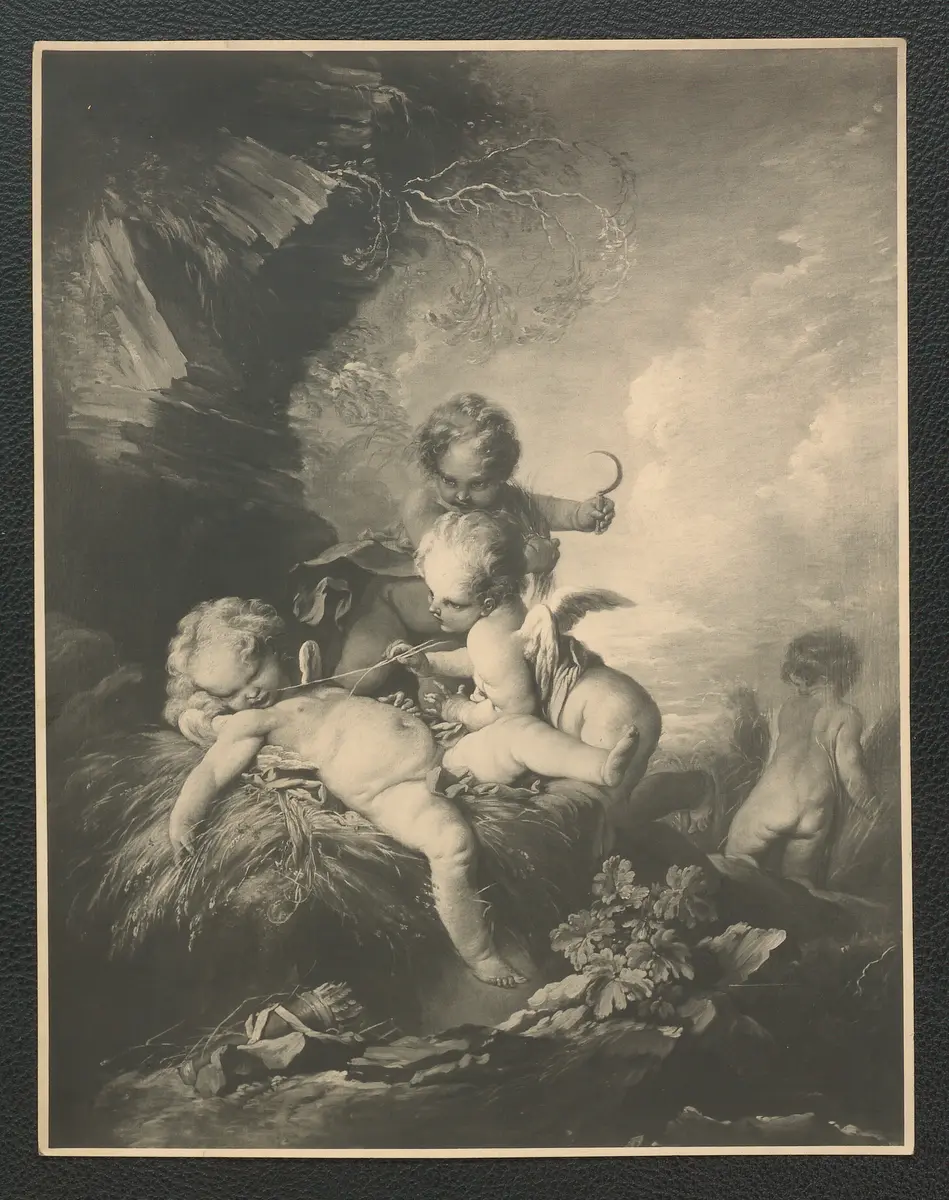 Der schlafende Amor von Gespielen geweckt. Öl-Leinwand, 121 x 94 cm