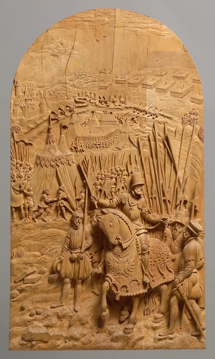 Szene a. d. Schmalkaldischen Krieg, Das kaiserlische Lager bei Ingolstadt und Ankunft des Grafen von Büren, 1546; aus einer Serie von 8 Darstellungen der Siege Kaiser Karls V.