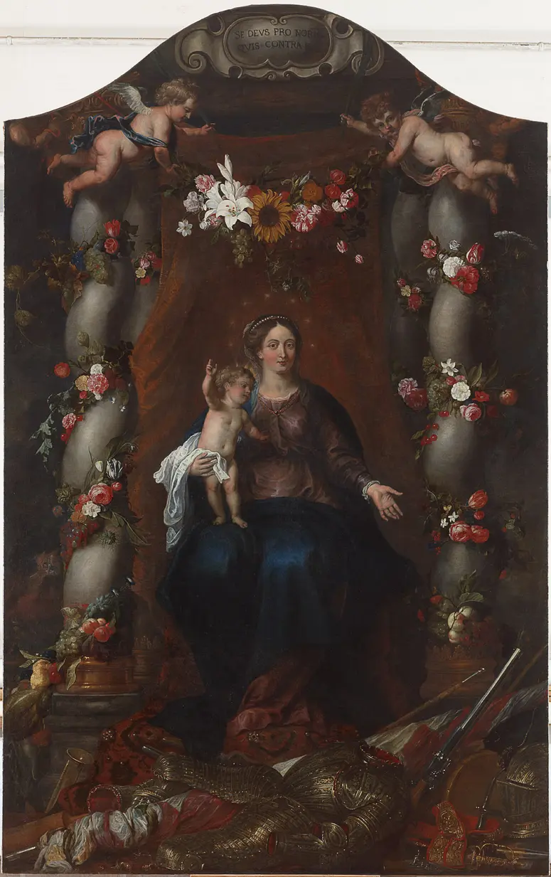Madonna in einem Blumen- und Früchtekranz