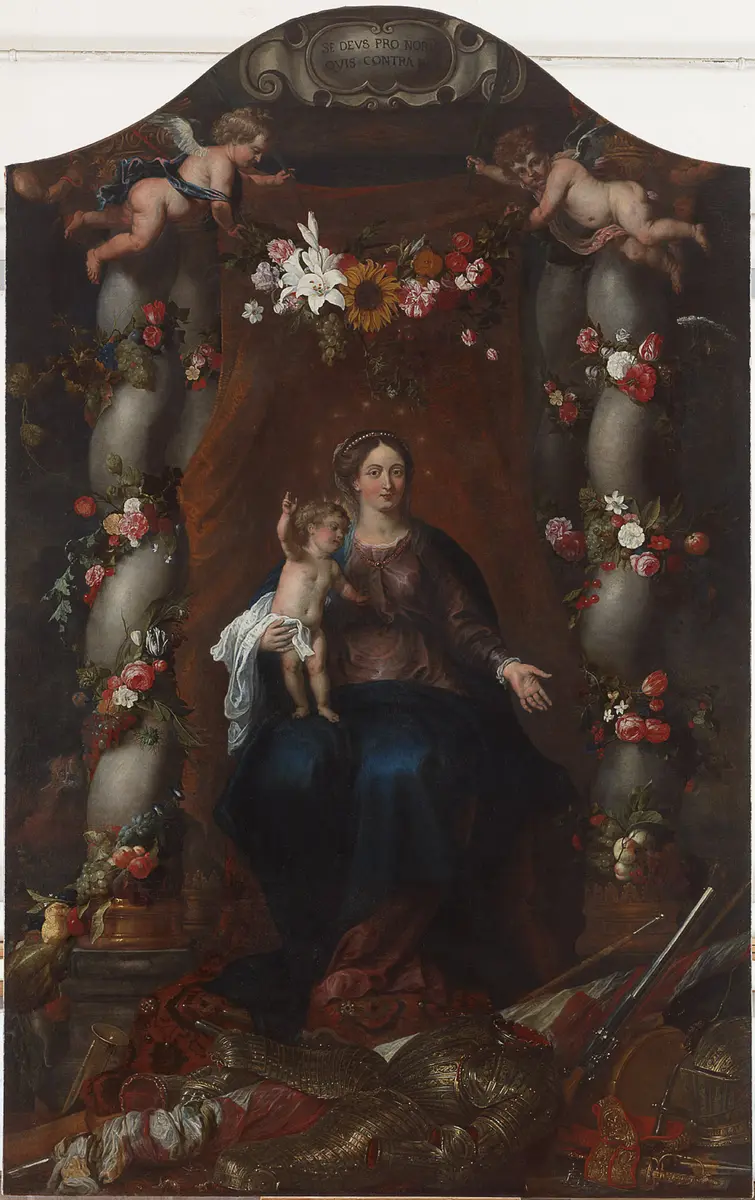 Madonna in einem Blumen- und Früchtekranz