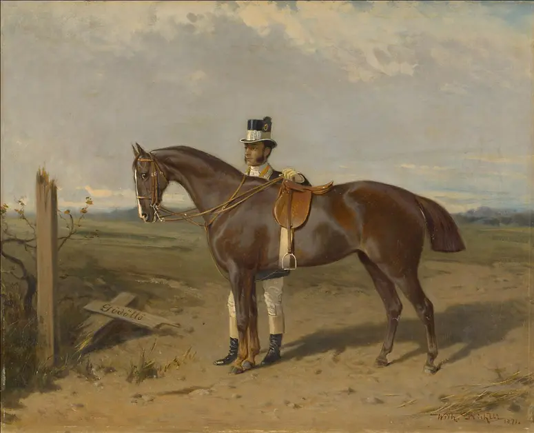 Bildnis eines kaffeebraunen Irländers aus dem Stall der Kaiserin Elisabeth (Miß Freney 1870); Öl auf Leinwand, signiert und datiert
