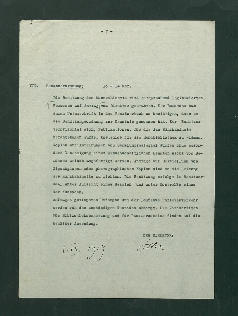 Dienstvorschriften für die Sammlung von Medaillen, Münzen und Geldzeichen
