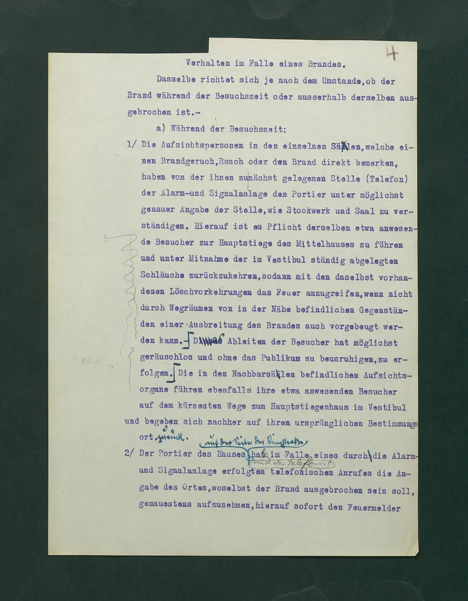 Entwurf einer Feuerlöschordnung für das Kunsthistorische Museum, 1926