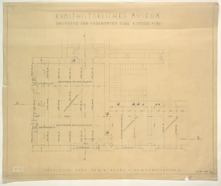 Kunsthistorisches Museum. 1. Stock. Grundriss der ausgebombten Ecke