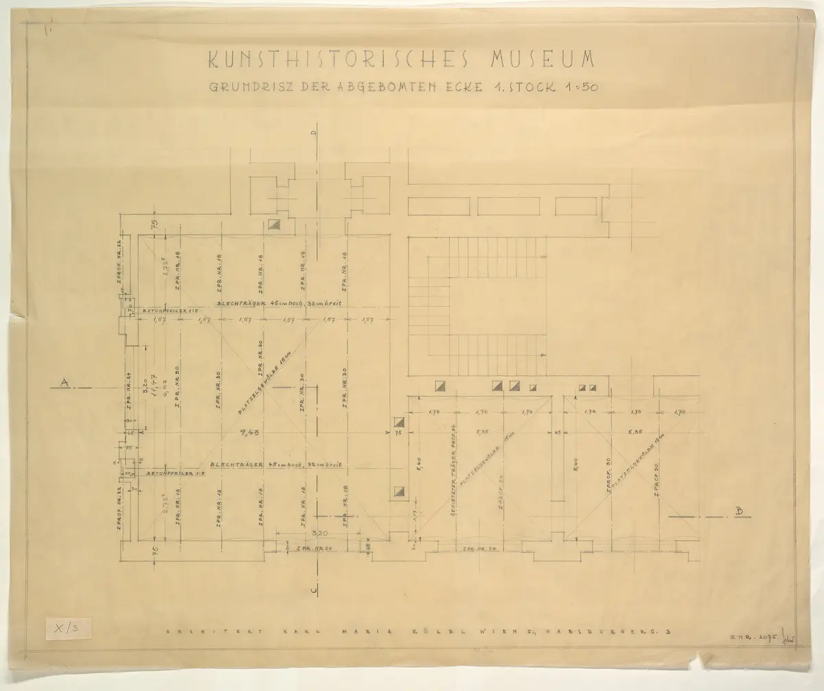 Kunsthistorisches Museum. 1. Stock. Grundriss der ausgebombten Ecke