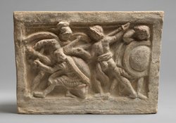 Aschenurne mit Deckel: Heros mit der Pflugschar; Deckel: liegende Frau