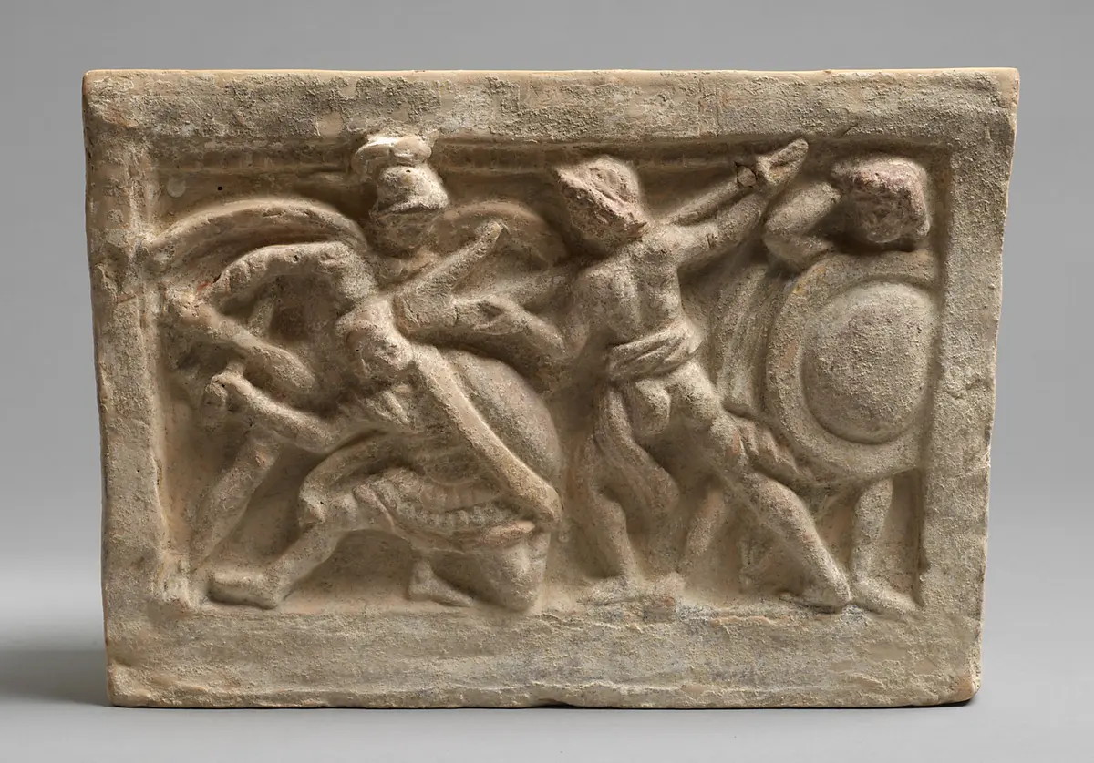 Aschenurne mit Deckel: Heros mit der Pflugschar; Deckel: liegende Frau