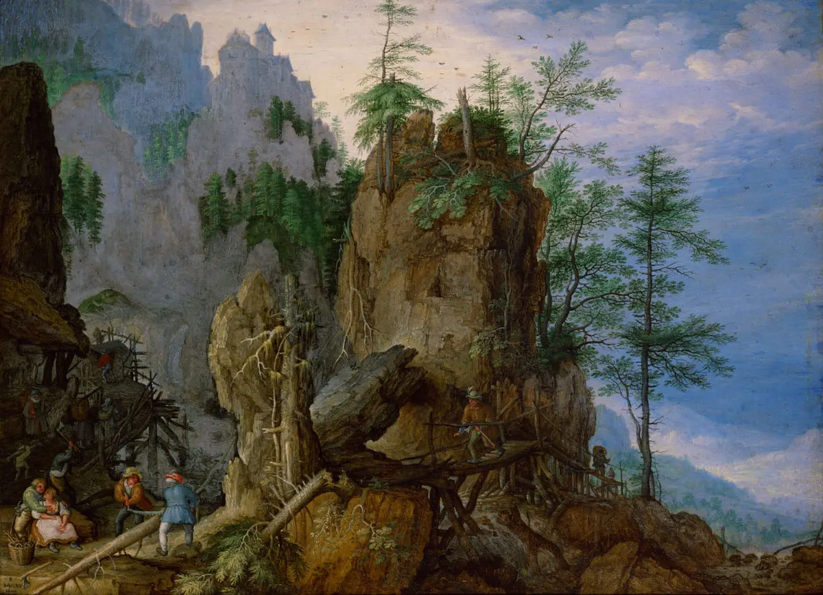Gebirgslandschaft mit Holzfällern