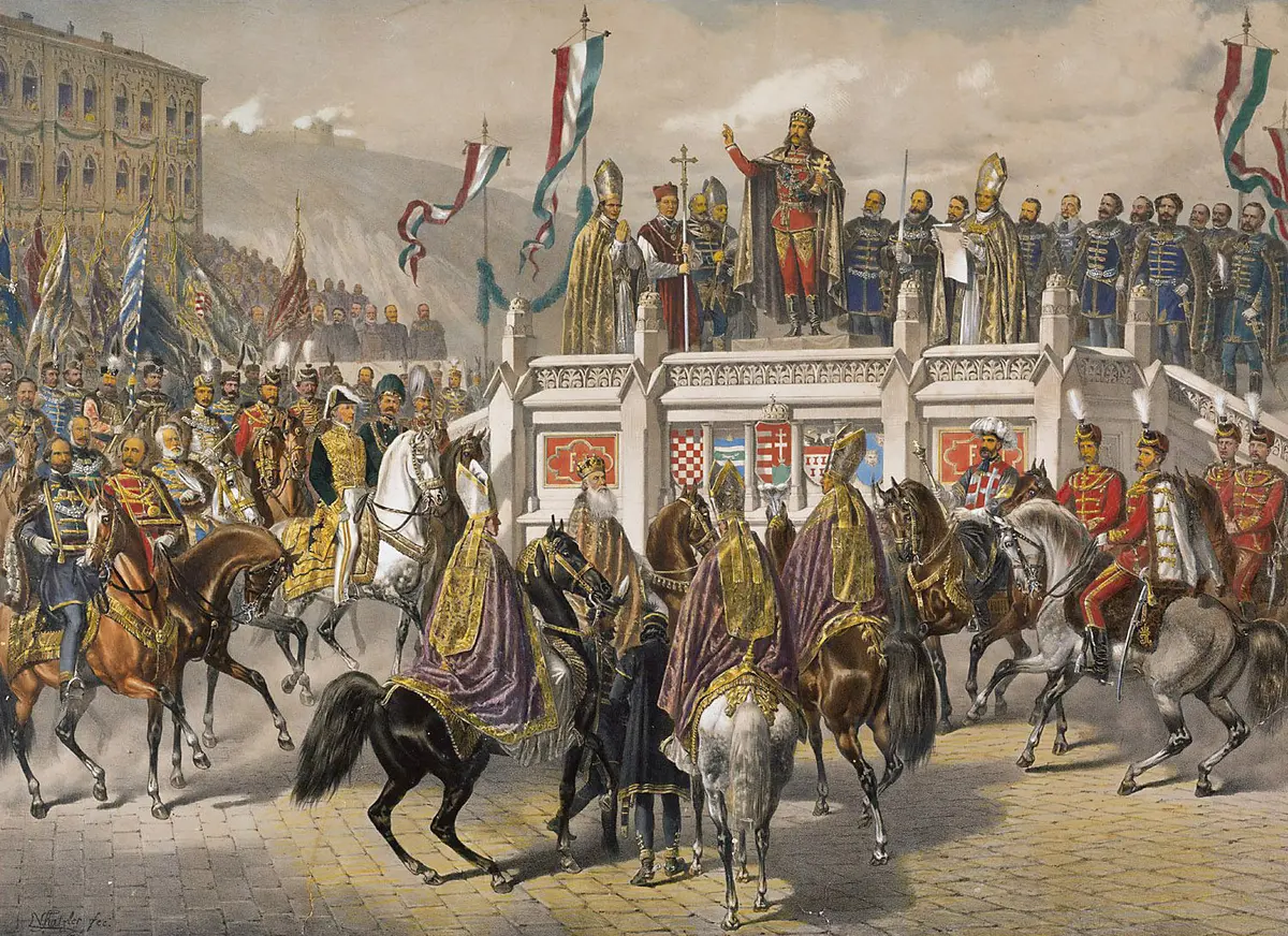 Kaiser Franz Joseph bei der Ablegung des ungarischen Krönungseides 1867